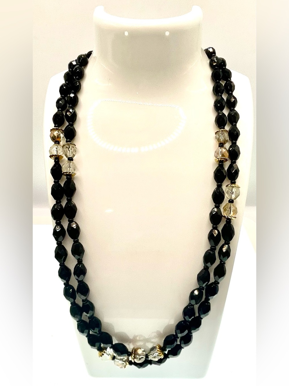 Vintage 1990s Black & Clear Faceted Glass Beaded Necklace 40” Long Statement